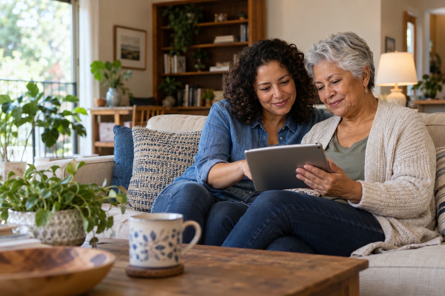 An older woman and her daughter sharing a moment with a tablet at home.